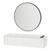 Glo Wall Mount Styling Station with Nestled Appliance Holder, Solid Surface Countertop, and Black Round Westin Mirror - Kaemark