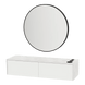 Glo Wall Mount Styling Station with Nestled Appliance Holder, Solid Surface Countertop, and Black Round Westin Mirror - Kaemark