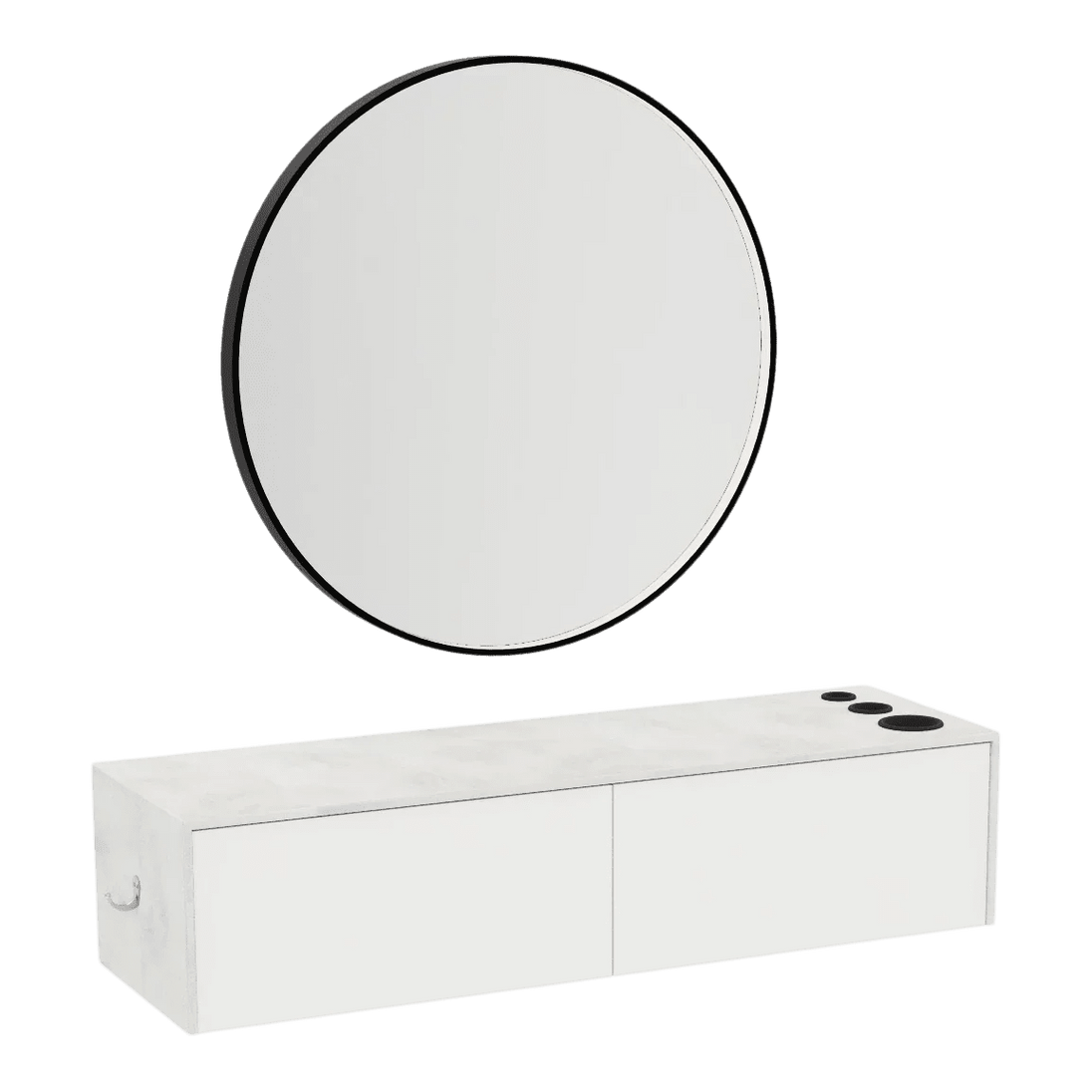 Glo Wall Mount Styling Station with Nestled Appliance Holder, Solid Surface Countertop, and Black Round Westin Mirror - Kaemark