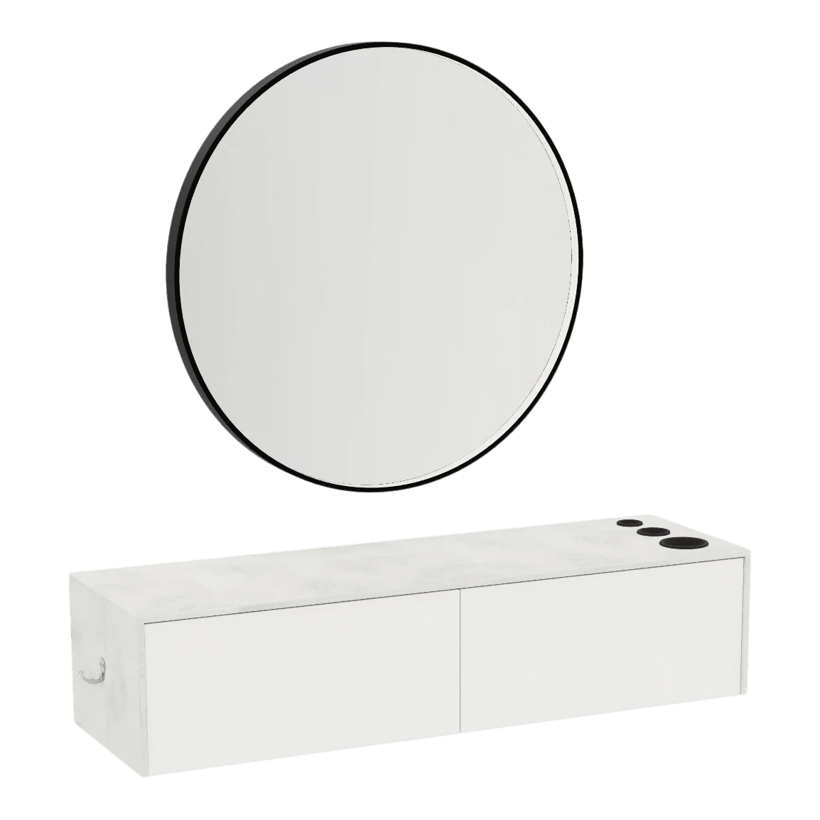 Glo Wall Mount Styling Station with Nestled Appliance Holder, Solid Surface Countertop, and Black Round Westin Mirror - Kaemark