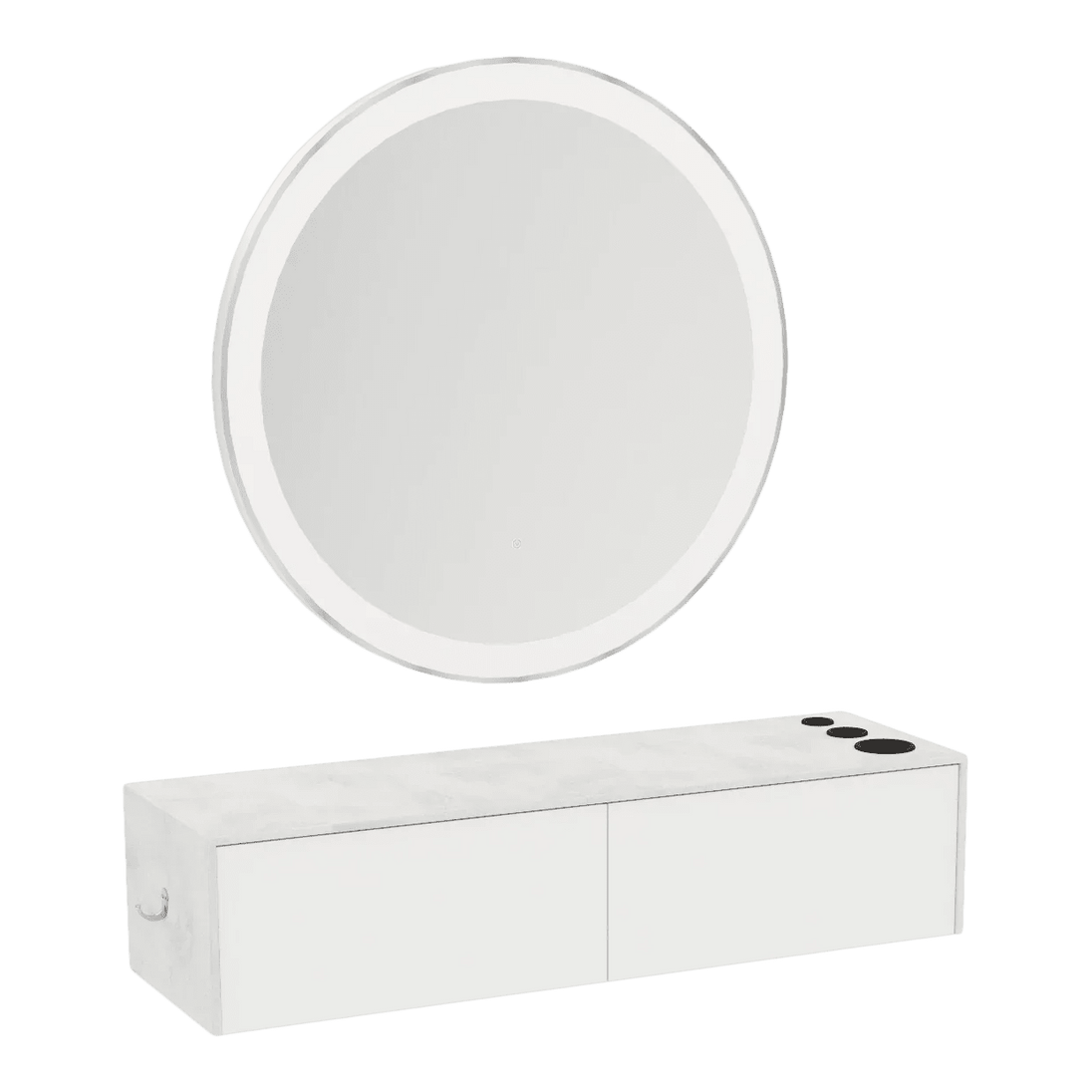 Glo Wall Mount Styling Station with Nestled Appliance Holder, Solid Surface Countertop, and Silver Round Glo Mirror - Kaemark