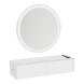 Glo Wall Mount Styling Station with Nestled Appliance Holder, Solid Surface Countertop, and Silver Round Glo Mirror - Kaemark