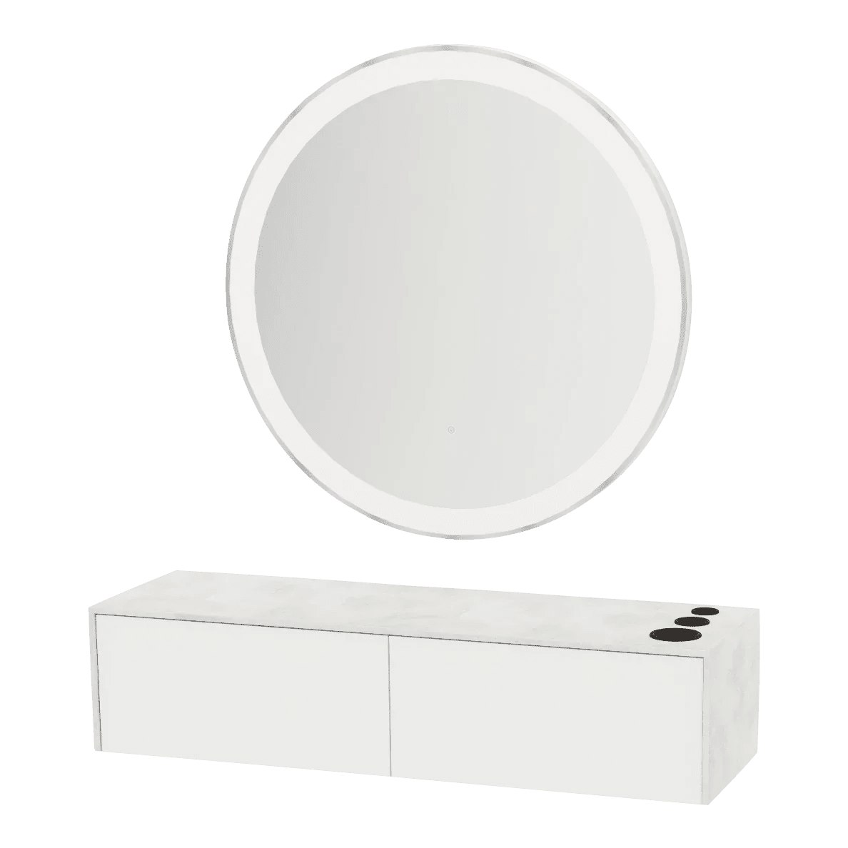 Glo Wall Mount Styling Station with Nestled Appliance Holder, Solid Surface Countertop, and Silver Round Glo Mirror - Kaemark