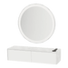 Glo Wall Mount Styling Station with Nestled Appliance Holder, Solid Surface Countertop, and Silver Round Glo Mirror - Kaemark