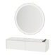 Glo Wall Mount Styling Station with Nestled Appliance Holder, Solid Surface Countertop, and Silver Round Glo Mirror - Kaemark