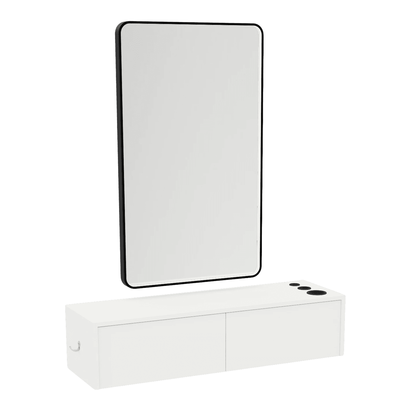Glo Wall Mount Styling Station with Nestled Appliance Holder, Solid Surface Countertop, and Black Rectangle Westin Mirror - Kaemark