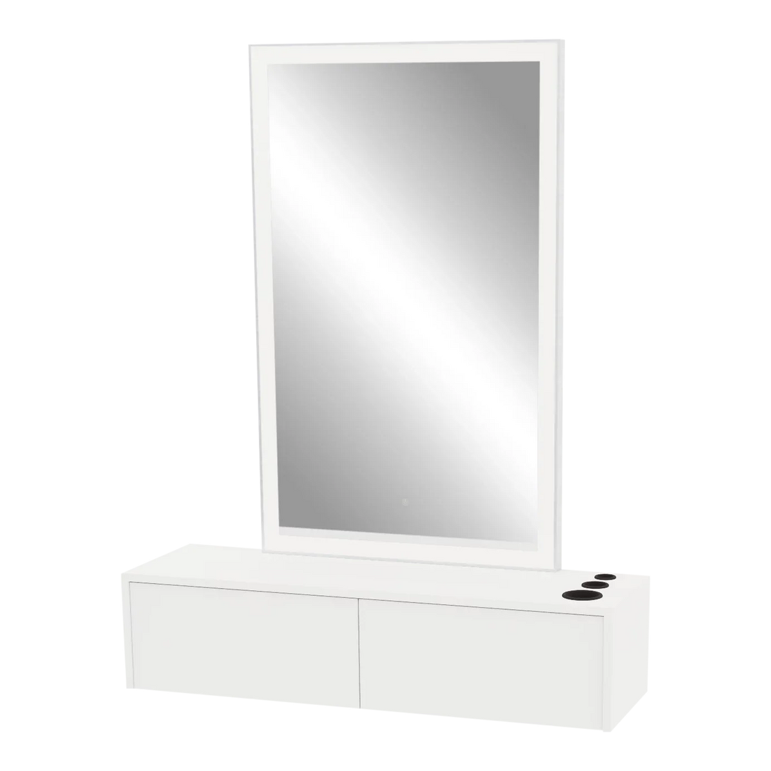 Glo Wall Mount Styling Station with Nestled Appliance Holder, Solid Surface Countertop, and Silver Rectangle Glo Mirror - Kaemark