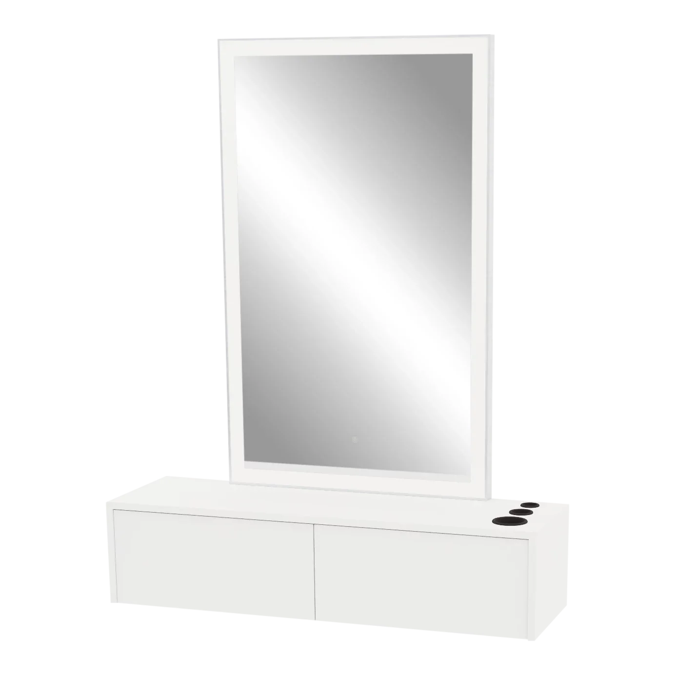Glo Wall Mount Styling Station with Nestled Appliance Holder, Solid Surface Countertop, and Silver Rectangle Glo Mirror - Kaemark