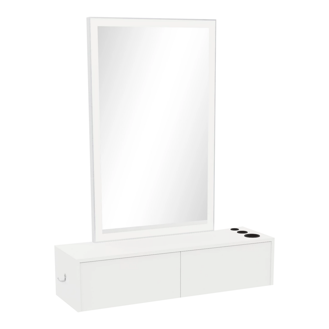 Glo Wall Mount Styling Station with Nestled Appliance Holder, Solid Surface Countertop, and Silver Rectangle Glo Mirror - Kaemark