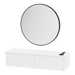 Glo Wall Mount Styling Station with Nestled Appliance Holder, Solid Surface Countertop, and Black Round Westin Mirror - Kaemark