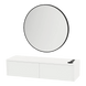 Glo Wall Mount Styling Station with Nestled Appliance Holder, Solid Surface Countertop, and Black Round Westin Mirror - Kaemark