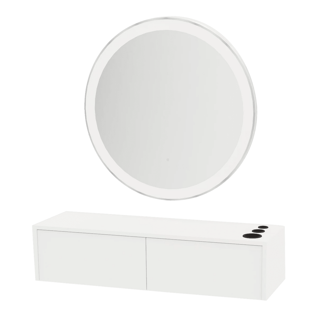 Glo Wall Mount Styling Station with Nestled Appliance Holder, Solid Surface Countertop, and Silver Round Glo Mirror - Kaemark