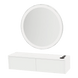 Glo Wall Mount Styling Station with Nestled Appliance Holder, Solid Surface Countertop, and Silver Round Glo Mirror - Kaemark