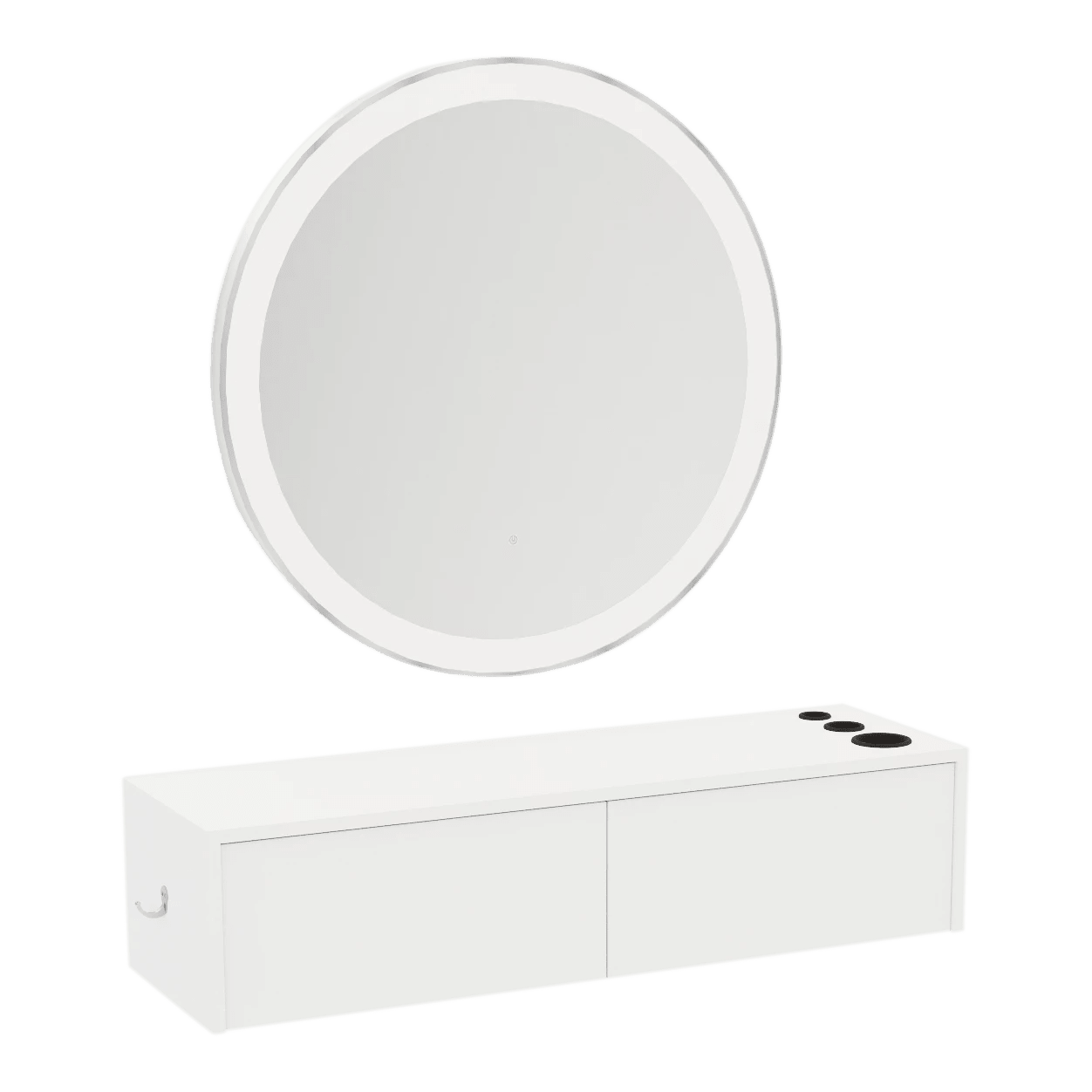 Glo Wall Mount Styling Station with Nestled Appliance Holder, Solid Surface Countertop, and Silver Round Glo Mirror - Kaemark