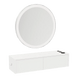 Glo Wall Mount Styling Station with Nestled Appliance Holder, Solid Surface Countertop, and Silver Round Glo Mirror - Kaemark