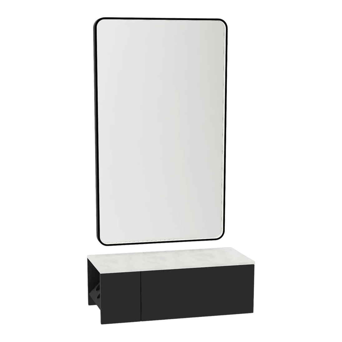 Glo Wall Mount Styling Station with Concealed Appliance Holder, Solid Surface Countertop, and Black Rectangle Westin Mirror - Kaemark