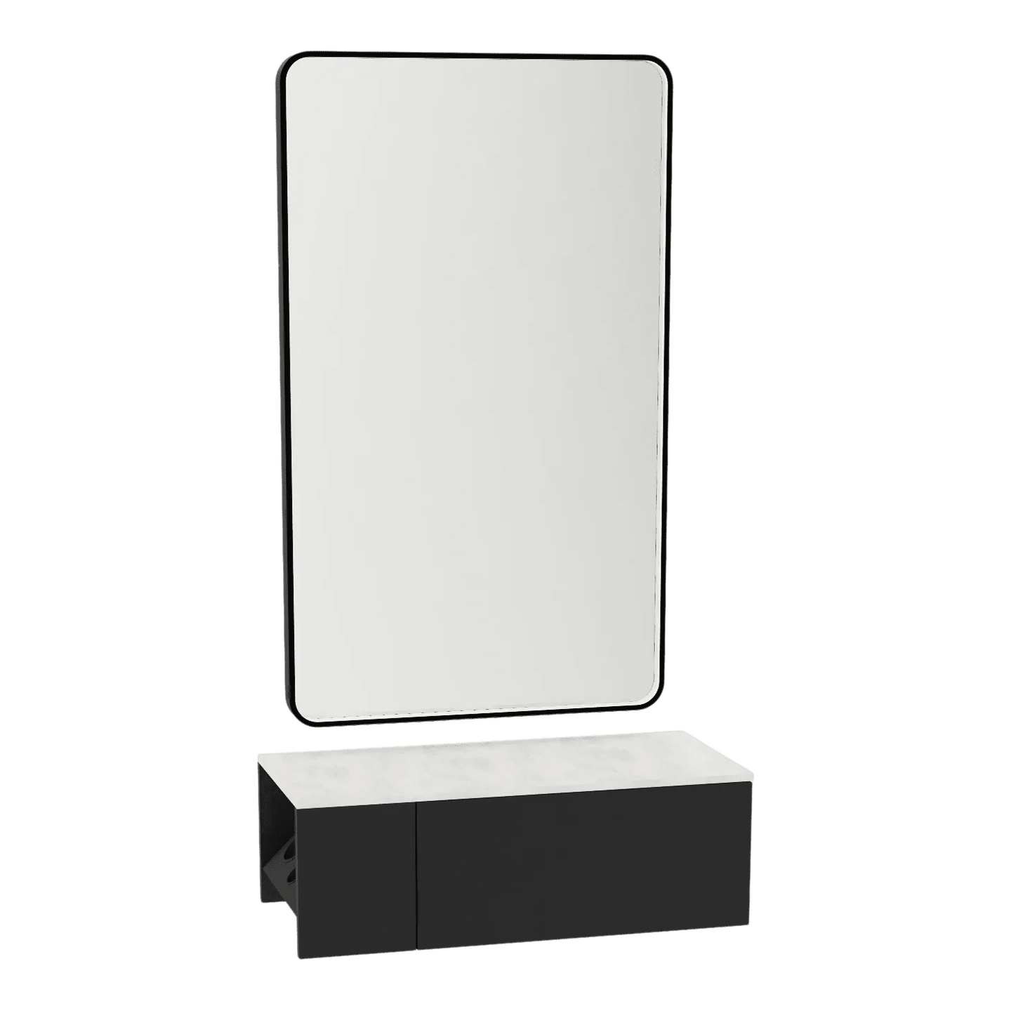 Glo Wall Mount Styling Station with Concealed Appliance Holder, Solid Surface Countertop, and Black Rectangle Westin Mirror - Kaemark