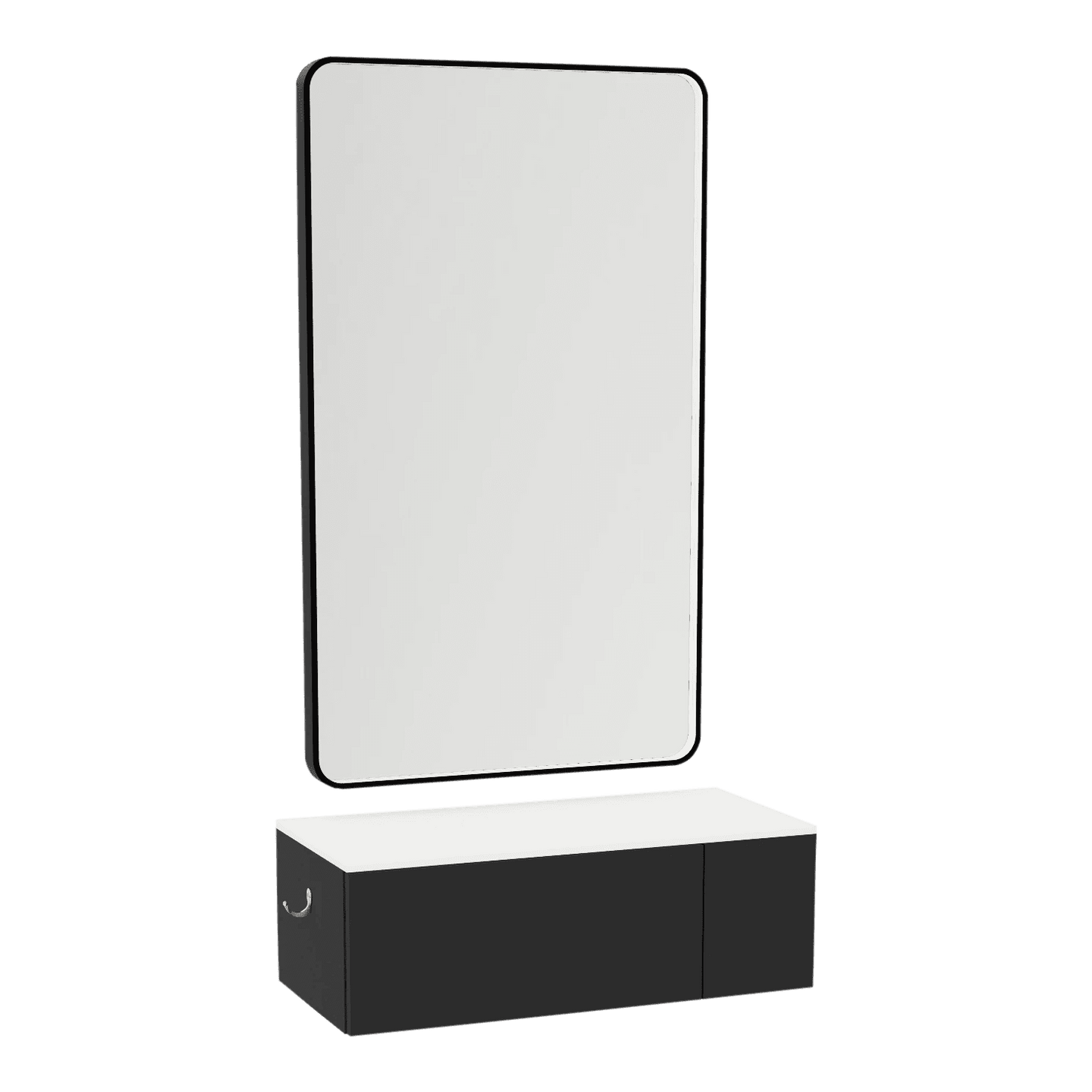 Glo Wall Mount Styling Station with Concealed Appliance Holder, Solid Surface Countertop, and Black Rectangle Westin Mirror - Kaemark