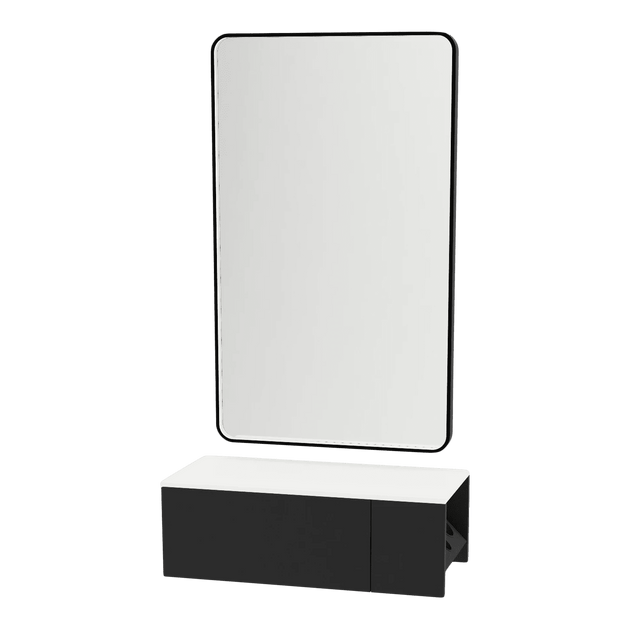 Glo Wall Mount Styling Station with Concealed Appliance Holder, Solid Surface Countertop, and Black Rectangle Westin Mirror - Kaemark