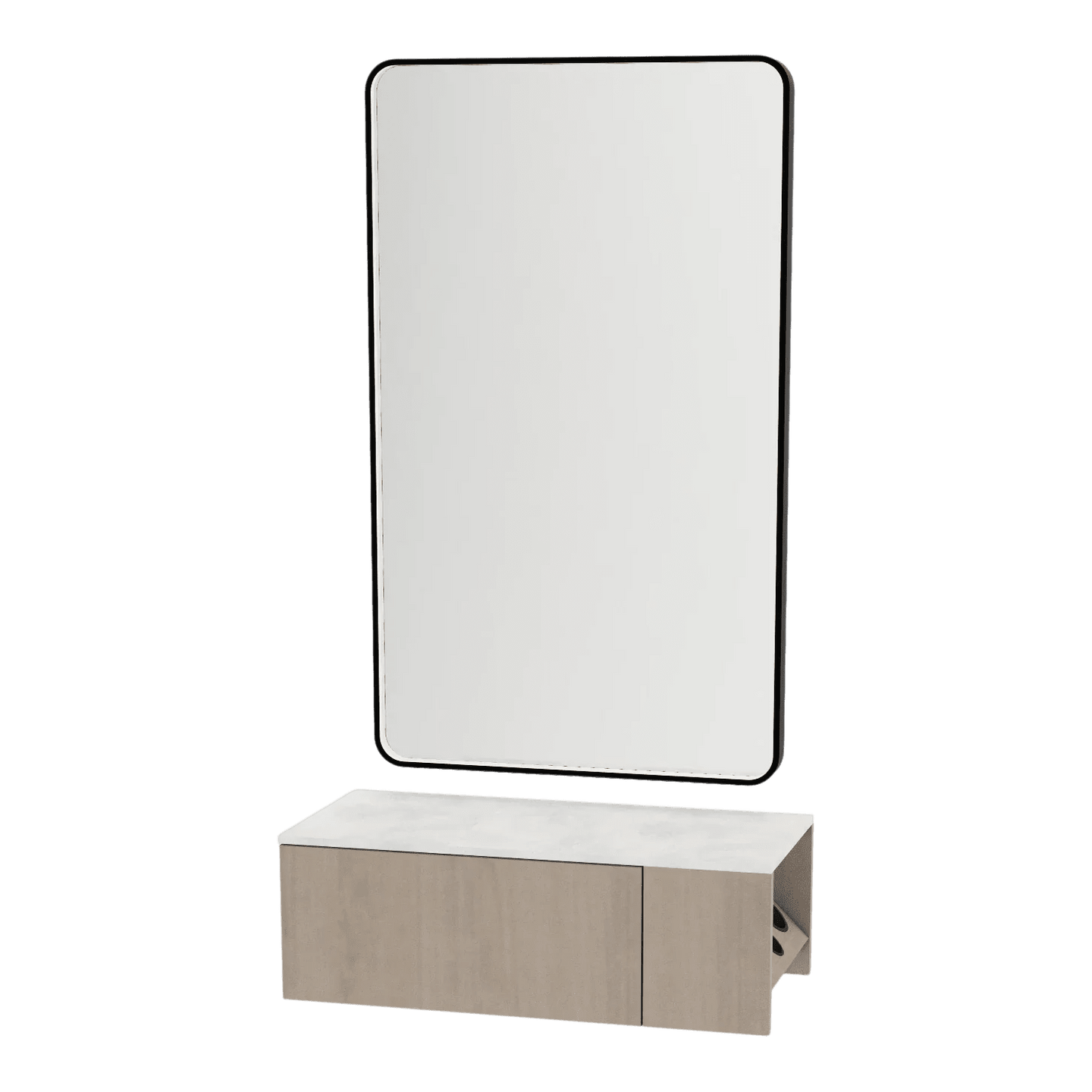 Glo Wall Mount Styling Station with Concealed Appliance Holder, Solid Surface Countertop, and Black Rectangle Westin Mirror - Kaemark