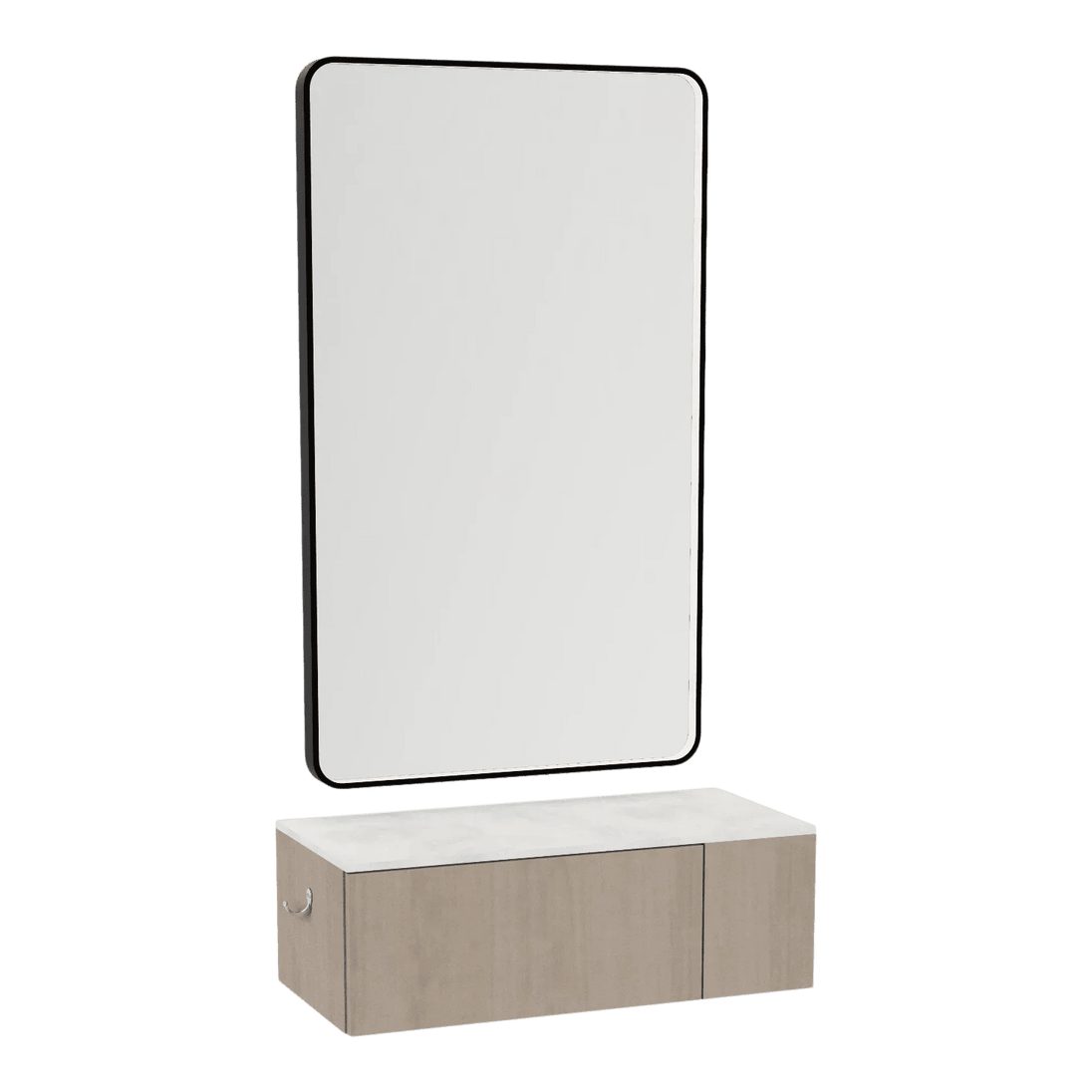 Glo Wall Mount Styling Station with Concealed Appliance Holder, Solid Surface Countertop, and Black Rectangle Westin Mirror - Kaemark
