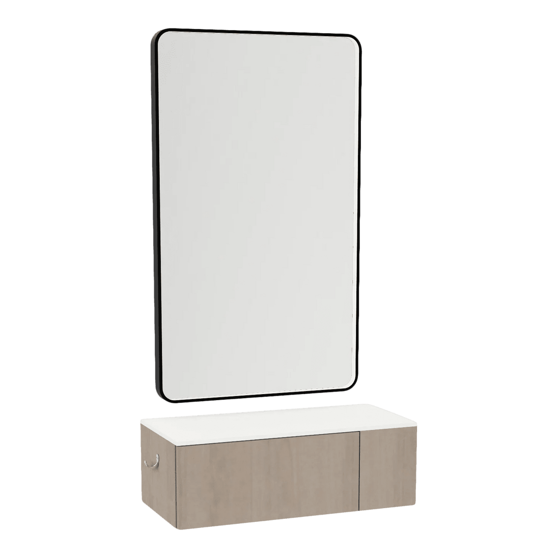 Glo Wall Mount Styling Station with Concealed Appliance Holder, Solid Surface Countertop, and Black Rectangle Westin Mirror - Kaemark