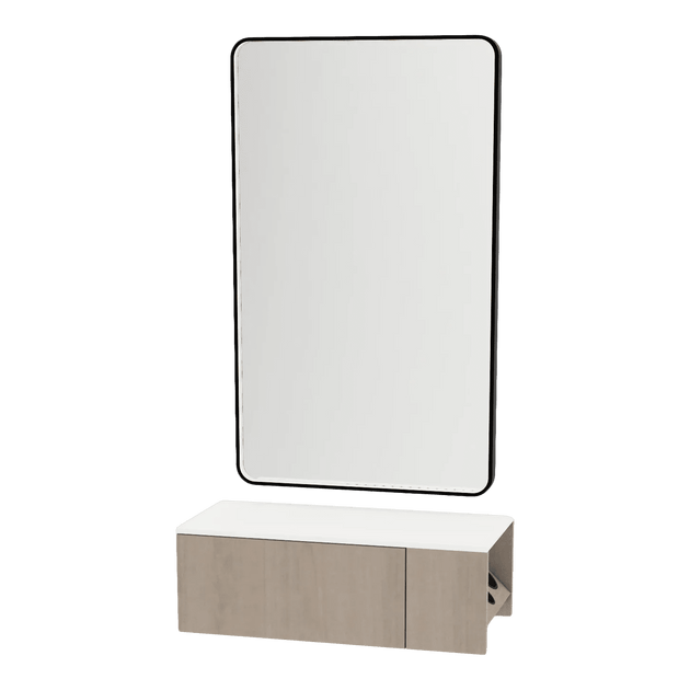 Glo Wall Mount Styling Station with Concealed Appliance Holder, Solid Surface Countertop, and Black Rectangle Westin Mirror - Kaemark