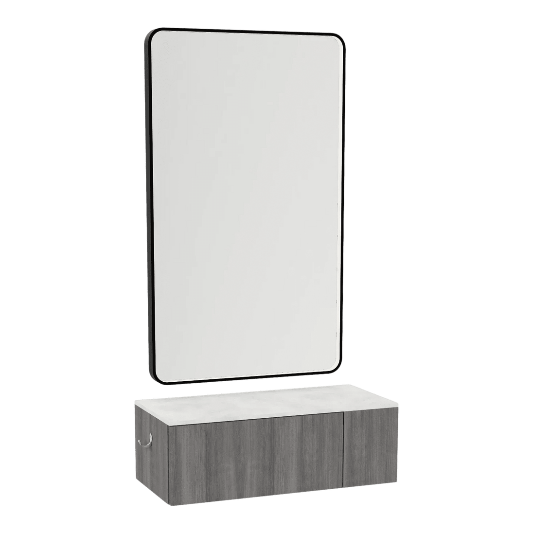 Glo Wall Mount Styling Station with Concealed Appliance Holder, Solid Surface Countertop, and Black Rectangle Westin Mirror - Kaemark