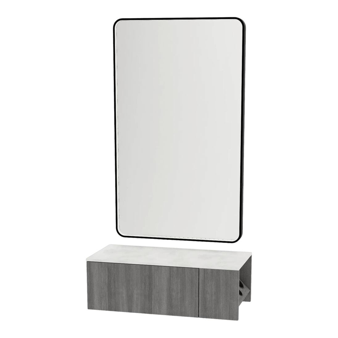 Glo Wall Mount Styling Station with Concealed Appliance Holder, Solid Surface Countertop, and Black Rectangle Westin Mirror - Kaemark