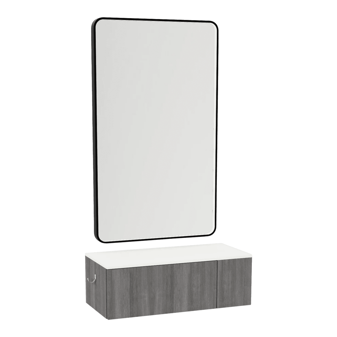 Glo Wall Mount Styling Station with Concealed Appliance Holder, Solid Surface Countertop, and Black Rectangle Westin Mirror - Kaemark