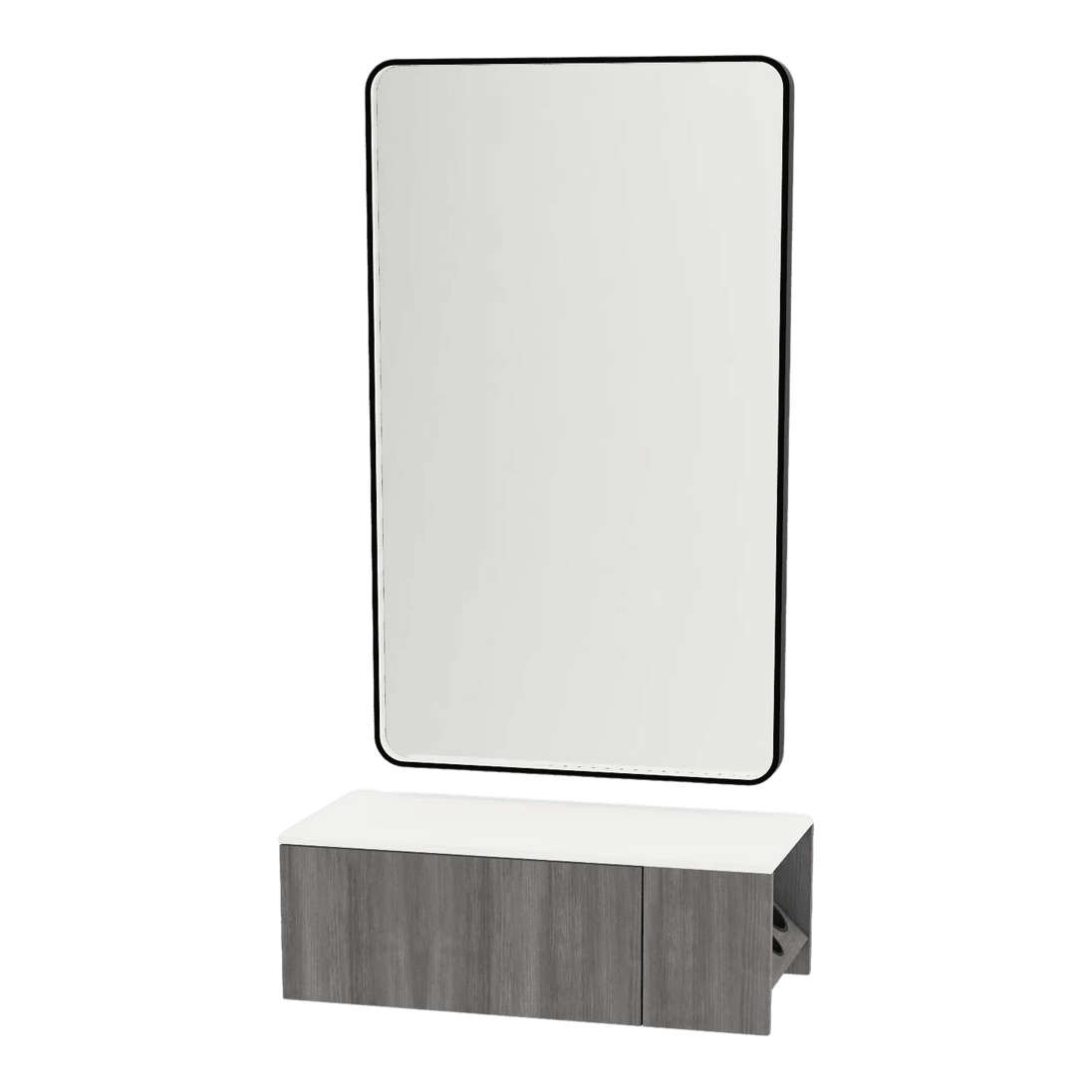 Glo Wall Mount Styling Station with Concealed Appliance Holder, Solid Surface Countertop, and Black Rectangle Westin Mirror - Kaemark