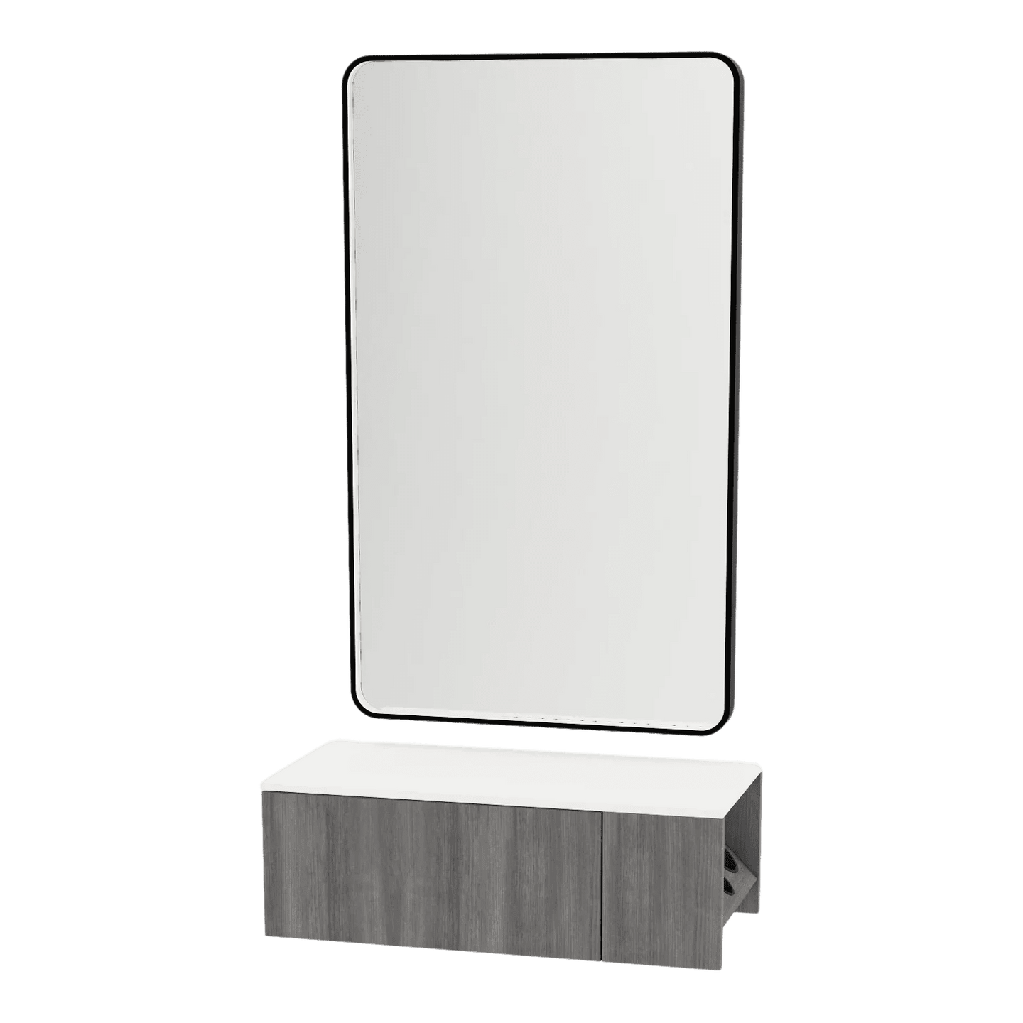 Glo Wall Mount Styling Station with Concealed Appliance Holder, Solid Surface Countertop, and Black Rectangle Westin Mirror - Kaemark