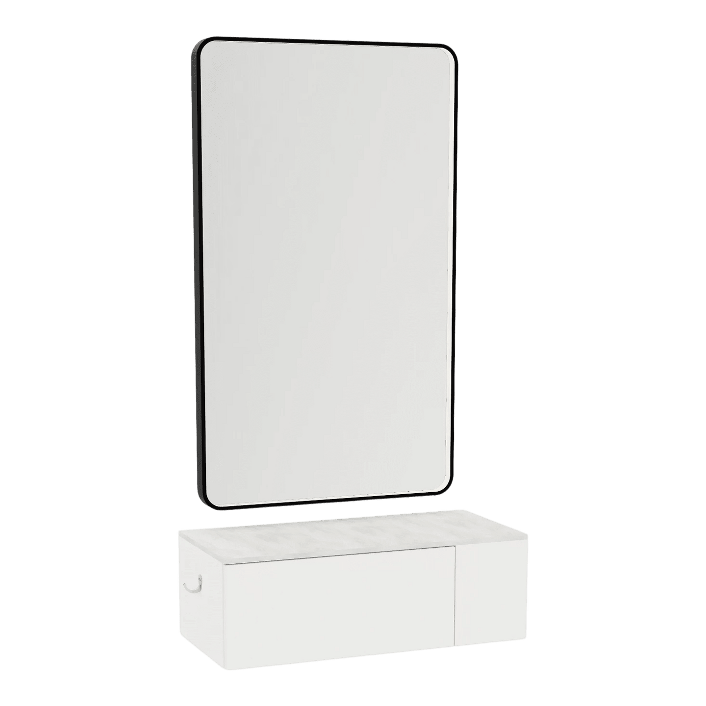 Glo Wall Mount Styling Station with Concealed Appliance Holder, Solid Surface Countertop, and Black Rectangle Westin Mirror - Kaemark
