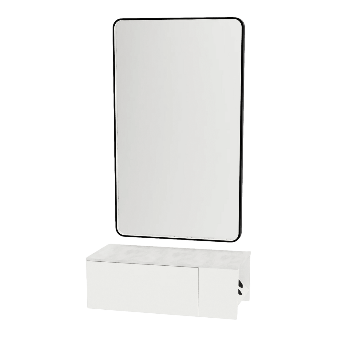 Glo Wall Mount Styling Station with Concealed Appliance Holder, Solid Surface Countertop, and Black Rectangle Westin Mirror - Kaemark