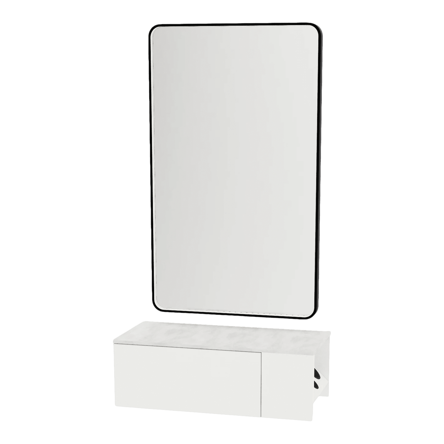 Glo Wall Mount Styling Station with Concealed Appliance Holder, Solid Surface Countertop, and Black Rectangle Westin Mirror - Kaemark