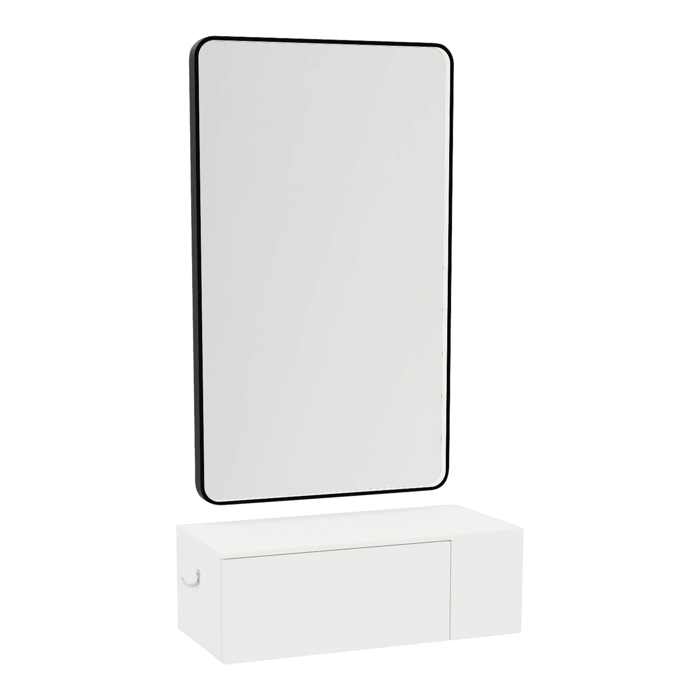 Glo Wall Mount Styling Station with Concealed Appliance Holder, Solid Surface Countertop, and Black Rectangle Westin Mirror - Kaemark