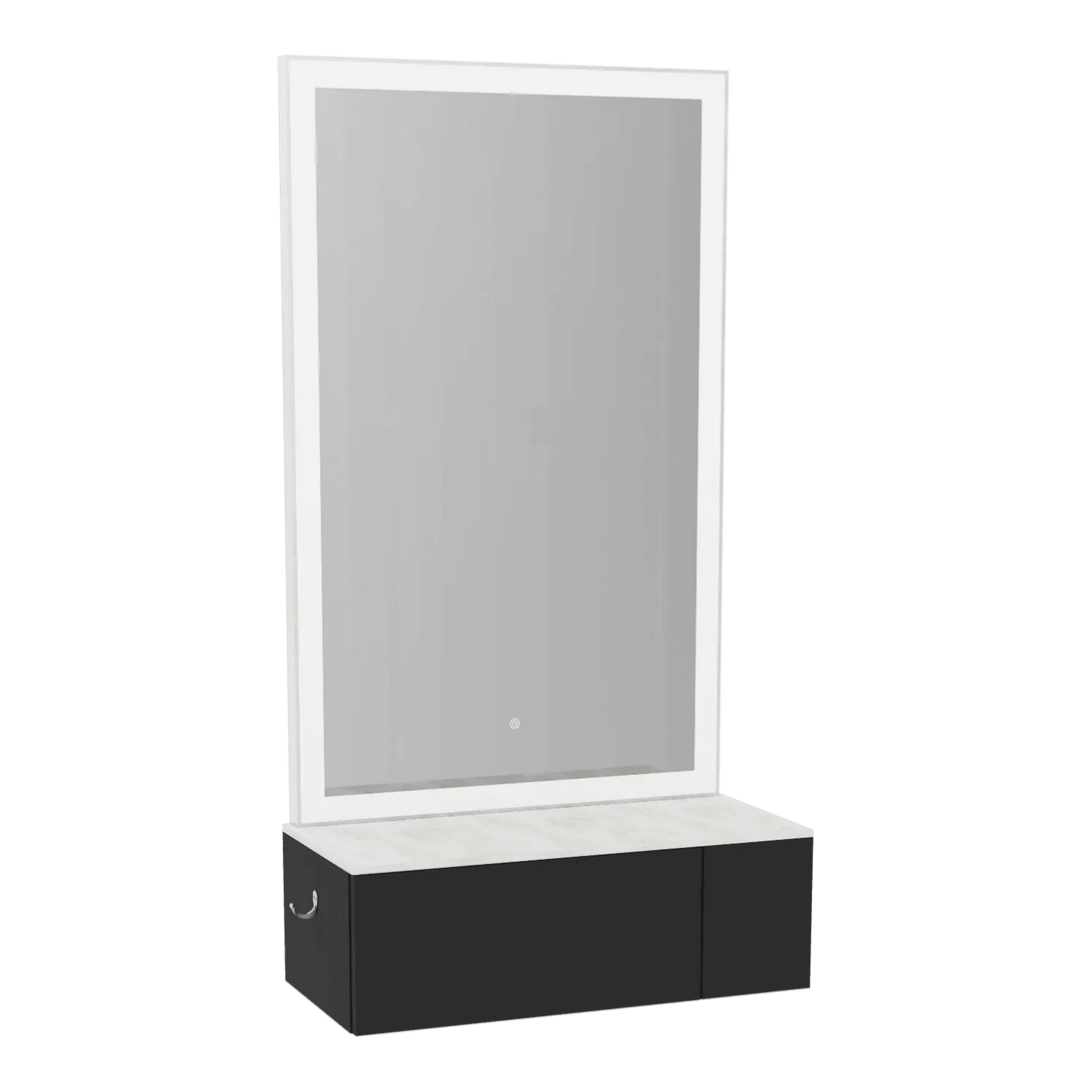 Glo Wall Mount Styling Station with Concealed Appliance Holder, Solid Surface Countertop, and Silver Rectangle Glo Mirror - Kaemark