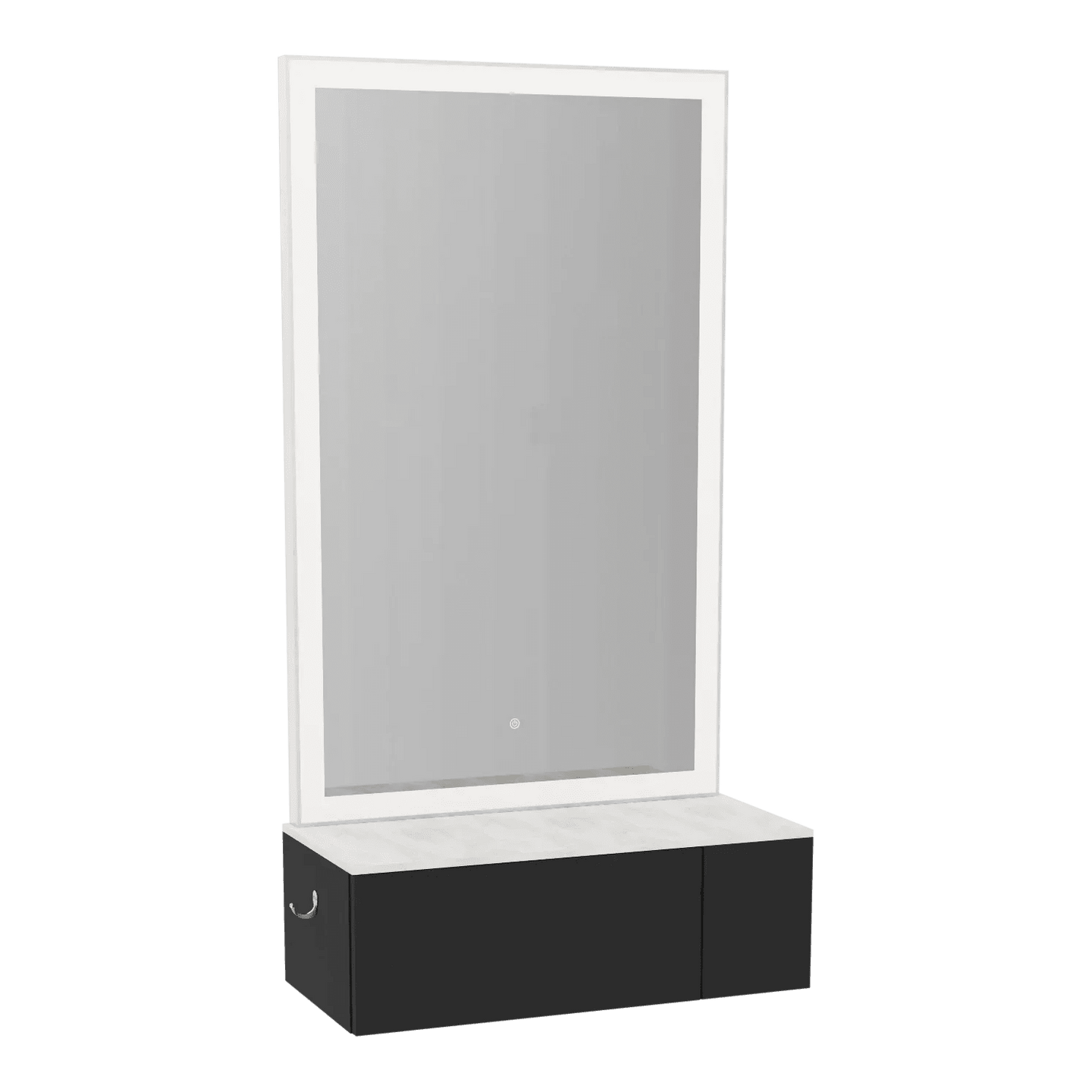 Glo Wall Mount Styling Station with Concealed Appliance Holder, Solid Surface Countertop, and Silver Rectangle Glo Mirror - Kaemark