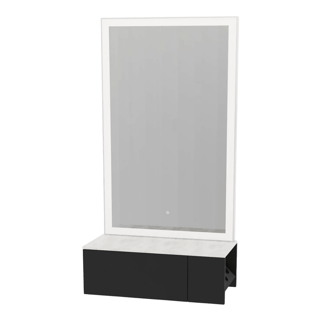 Glo Wall Mount Styling Station with Concealed Appliance Holder, Solid Surface Countertop, and Silver Rectangle Glo Mirror - Kaemark