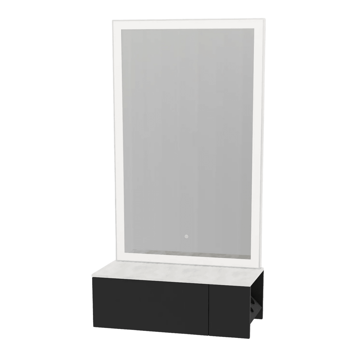 Glo Wall Mount Styling Station with Concealed Appliance Holder, Solid Surface Countertop, and Silver Rectangle Glo Mirror - Kaemark