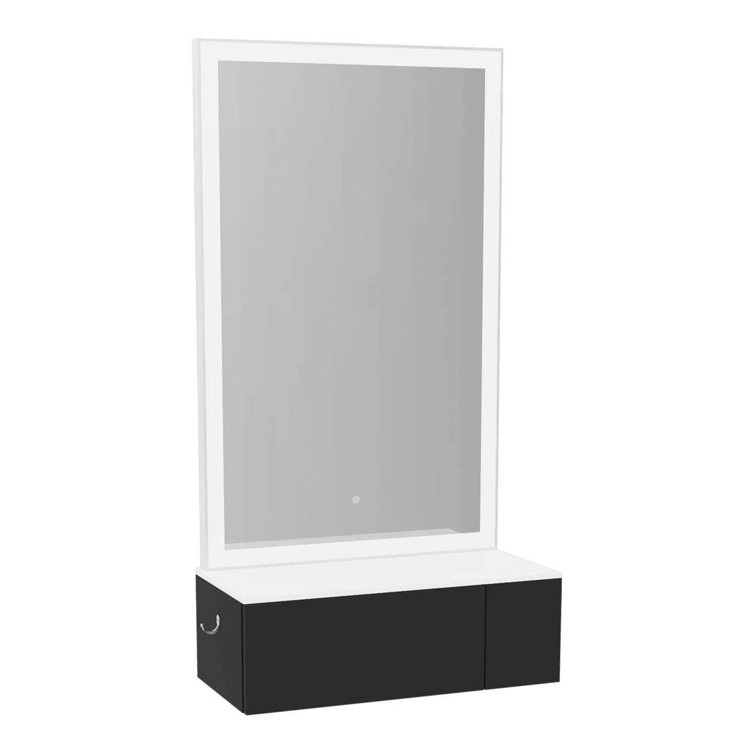 Glo Wall Mount Styling Station with Concealed Appliance Holder, Solid Surface Countertop, and Silver Rectangle Glo Mirror - Kaemark