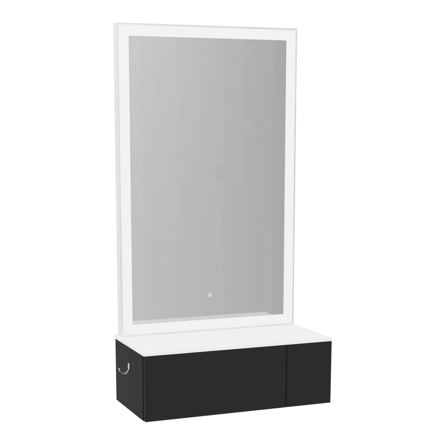 Glo Wall Mount Styling Station with Concealed Appliance Holder, Solid Surface Countertop, and Silver Rectangle Glo Mirror - Kaemark