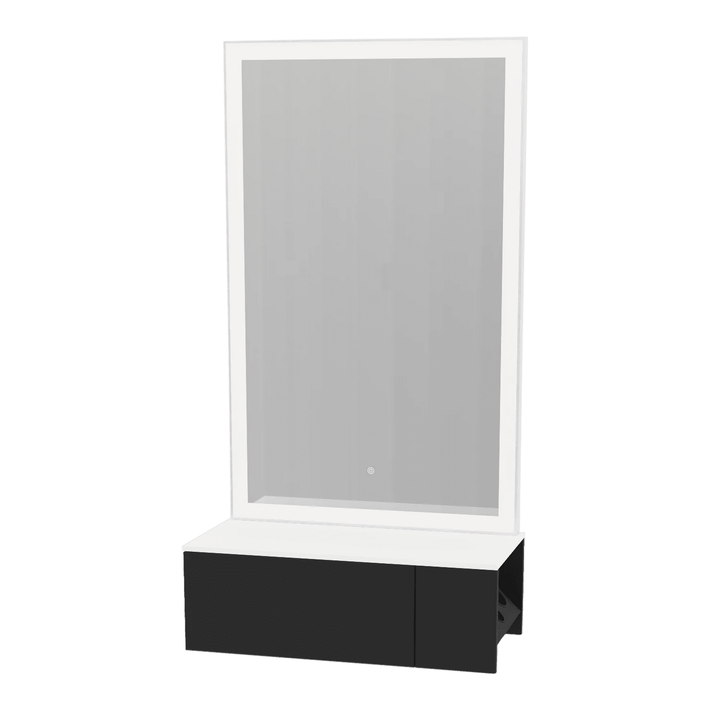 Glo Wall Mount Styling Station with Concealed Appliance Holder, Solid Surface Countertop, and Silver Rectangle Glo Mirror - Kaemark