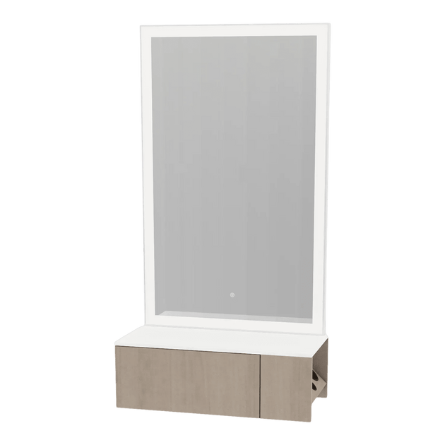 Glo Wall Mount Styling Station with Concealed Appliance Holder, Solid Surface Countertop, and Silver Rectangle Glo Mirror - Kaemark