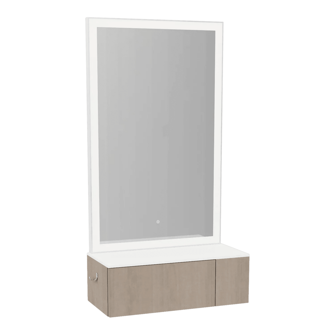 Glo Wall Mount Styling Station with Concealed Appliance Holder, Solid Surface Countertop, and Silver Rectangle Glo Mirror - Kaemark