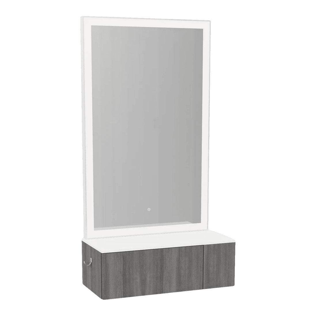 Glo Wall Mount Styling Station with Concealed Appliance Holder, Solid Surface Countertop, and Silver Rectangle Glo Mirror - Kaemark