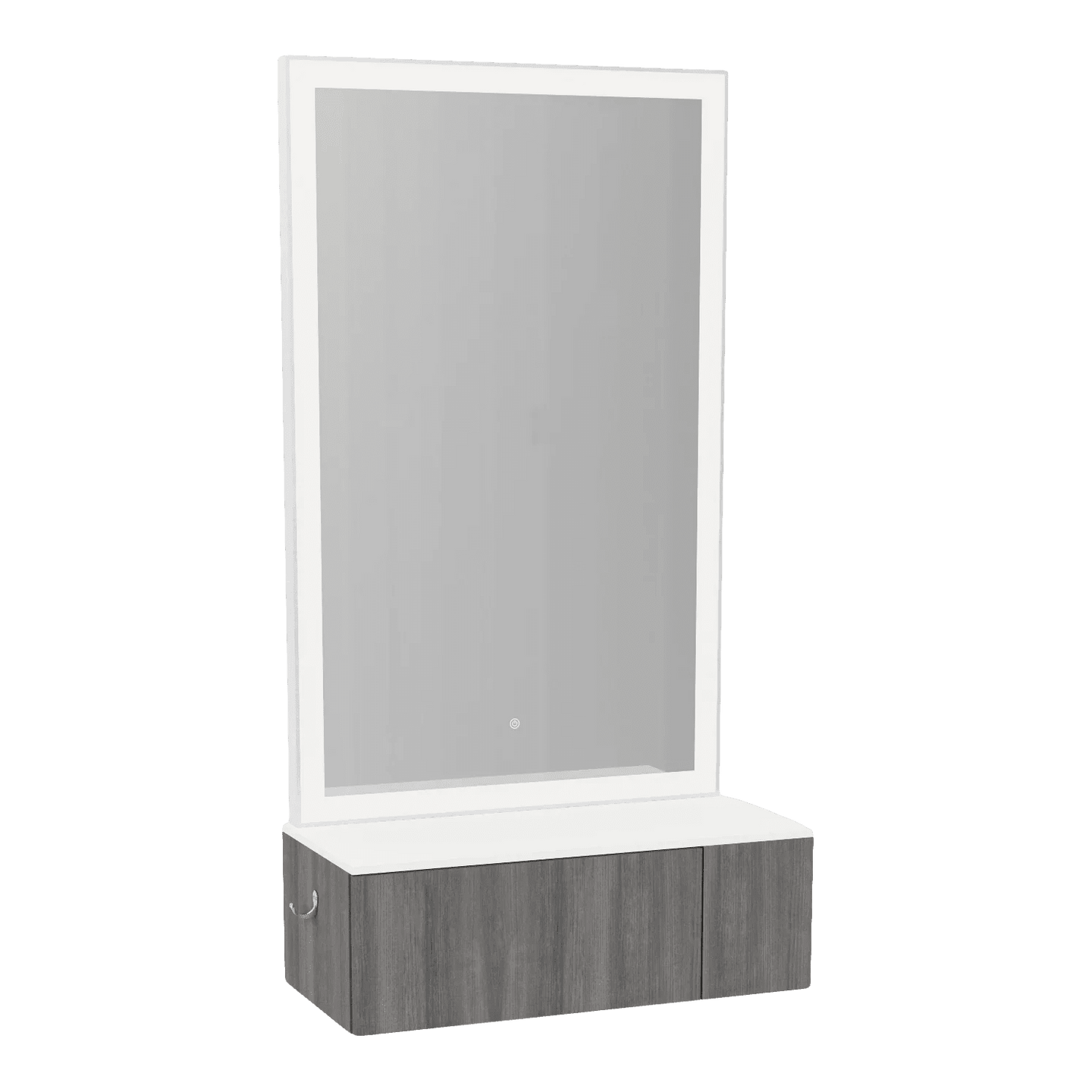 Glo Wall Mount Styling Station with Concealed Appliance Holder, Solid Surface Countertop, and Silver Rectangle Glo Mirror - Kaemark