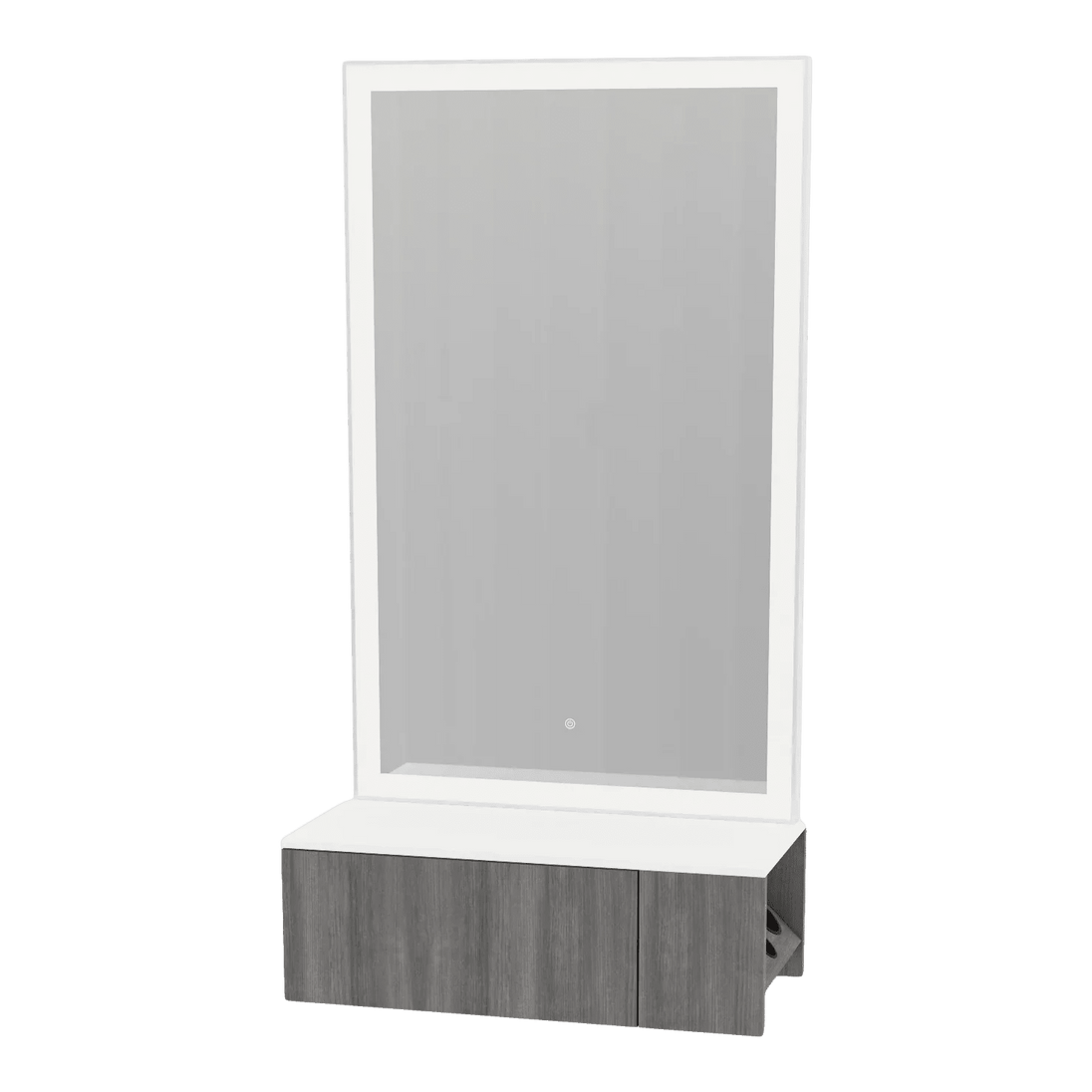 Glo Wall Mount Styling Station with Concealed Appliance Holder, Solid Surface Countertop, and Silver Rectangle Glo Mirror - Kaemark