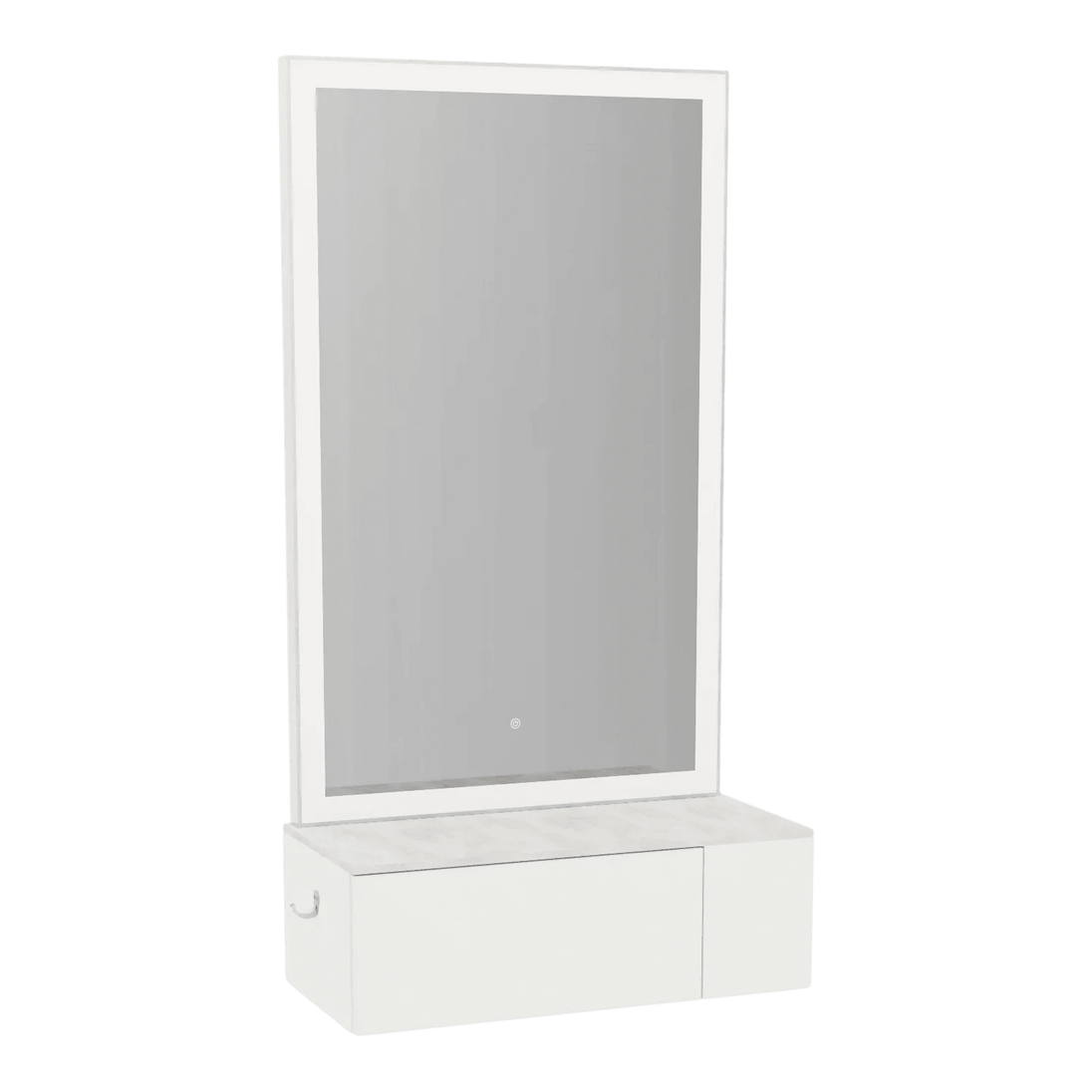 Glo Wall Mount Styling Station with Concealed Appliance Holder, Solid Surface Countertop, and Silver Rectangle Glo Mirror - Kaemark