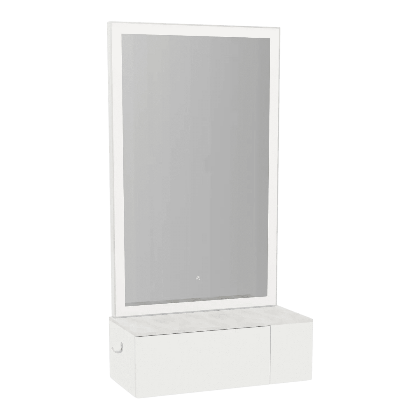Glo Wall Mount Styling Station with Concealed Appliance Holder, Solid Surface Countertop, and Silver Rectangle Glo Mirror - Kaemark